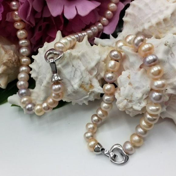 Multicolor Cultured Freshwater Pearl Necklace Bracelet Set Heart Shaped‎ Clasp - Picture 5 of 10